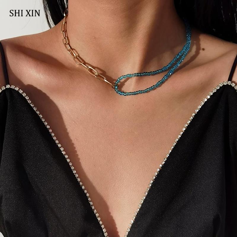 

SHIXIN Boho Chunky Chain With Blue Small Beads Necklace Short Choker Colar Necklace for Women Summer 2020 Necklaces Neck Jewelry