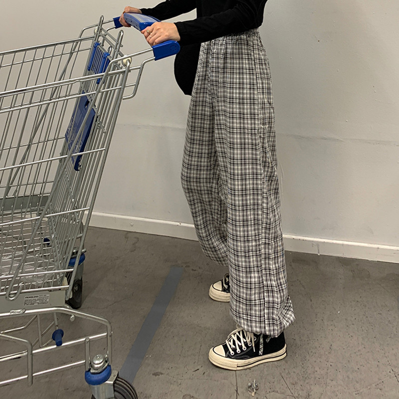 

2021 New Korean style black plaid straight high-waisted elastic women's long pants (f4036) T8MM, Black shirt