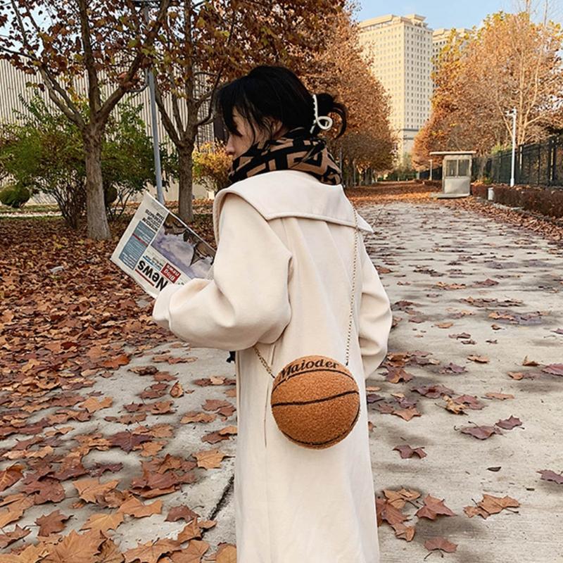 

Women PU Leather Basketball Shaped Shoulder Crossbody Bag Lady Plush Tote Satche M68C, Black