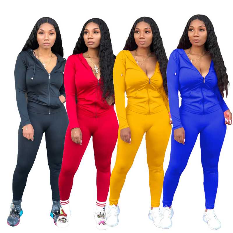 

Women' leisure sports suit hooded zipper top + elastic tight fitness tights 2-piece outdoor running morning running clothes, Black