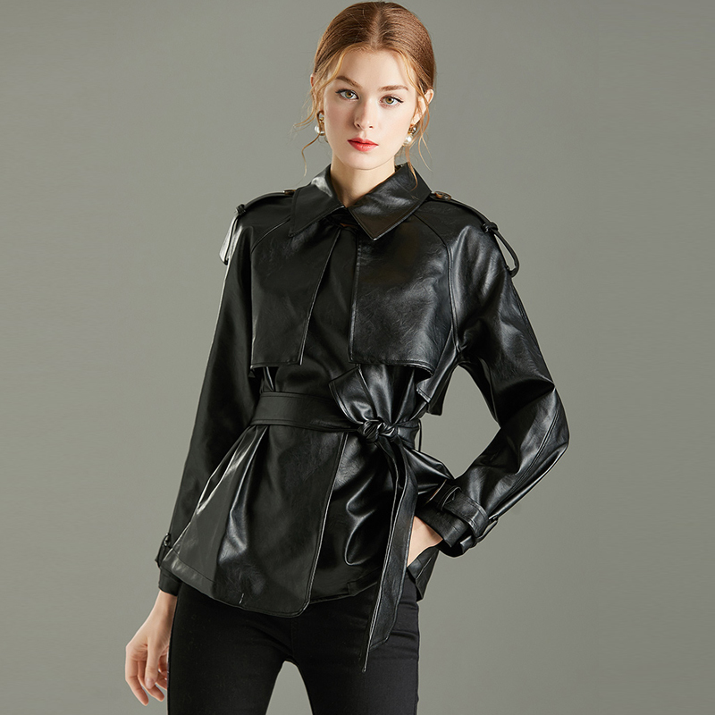 

2021 New Autumn Released Plutonium Turndown Black Female Leather Jacket Streetwear KP7M