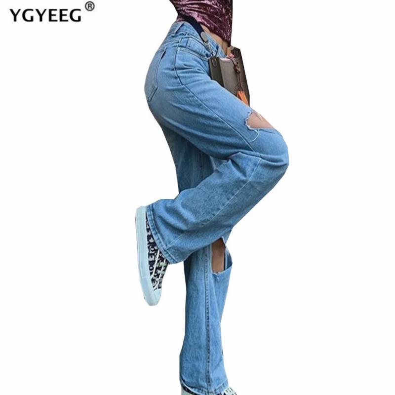 

YGYEEG Women Fashion Hole Ripped Jeans The Loose Fit Autumn Casual High Waisted Button Straight Wide Leg Office Plus Size Pants, Blue