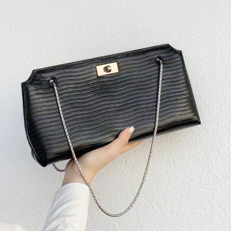 

Lizard embossing chains bags real leather Large size shell bags cow leather crossbody genuine shoulder bag, Black