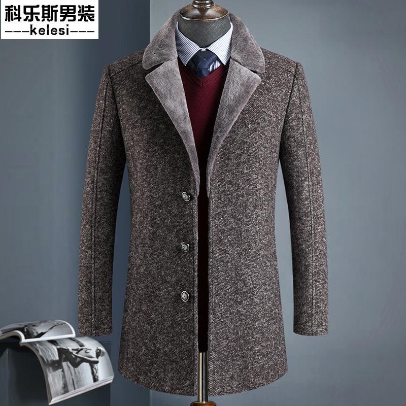 

2020 Medium Long Woolen Coat Men's Middle Age Lapel Business Casual Wool Coat Winter Warm Jacket, Coffee