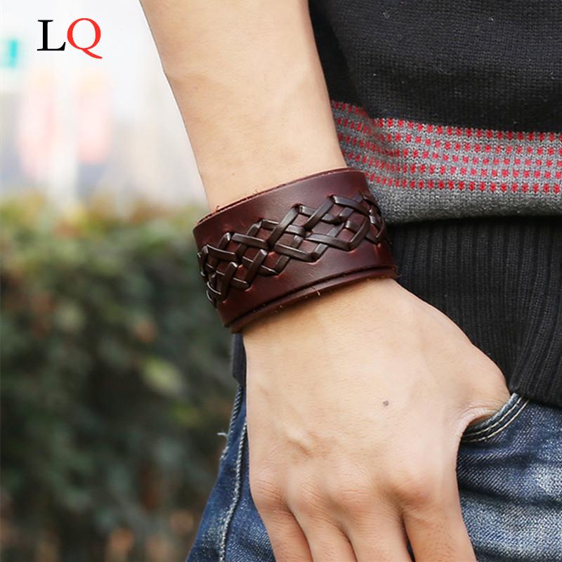 

Genuine Leather Men Bracelets New Fashion Punk Wide Cuff Bracelets & Bangle for Men Handmade Braided Jewelry Accessories Womens