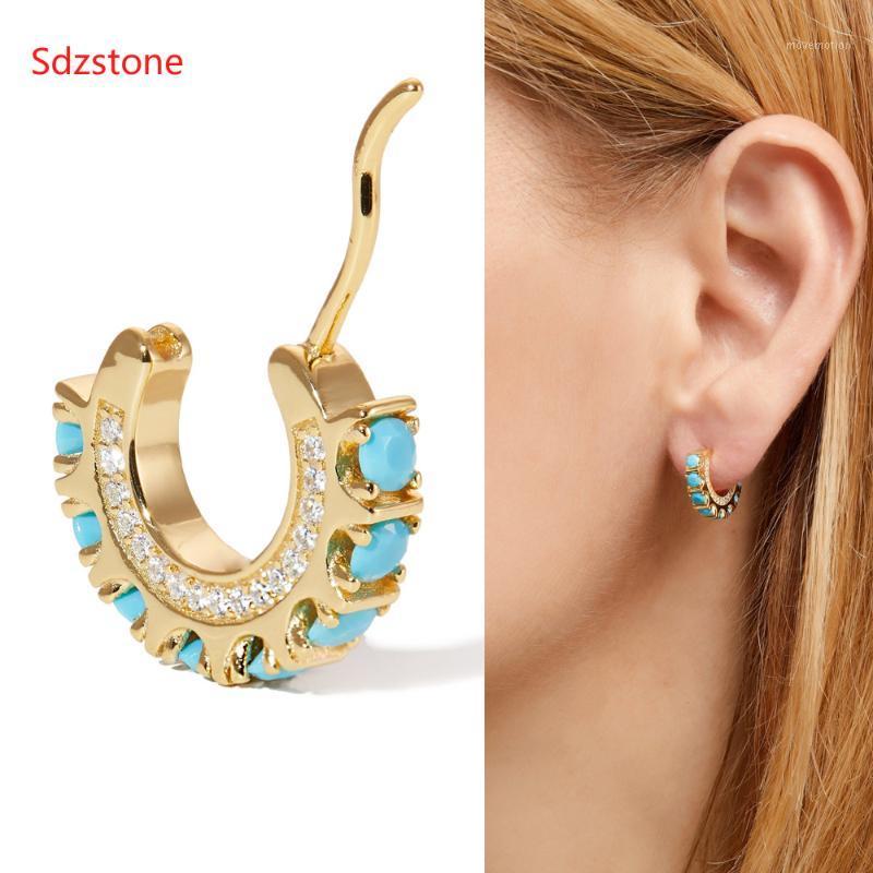

13mm Disc Round Earrings Turquoises Vermeil Gold Silver Color Hoop Earring Gold Filled Multi Piercing Blue Stone Small Hoop1
