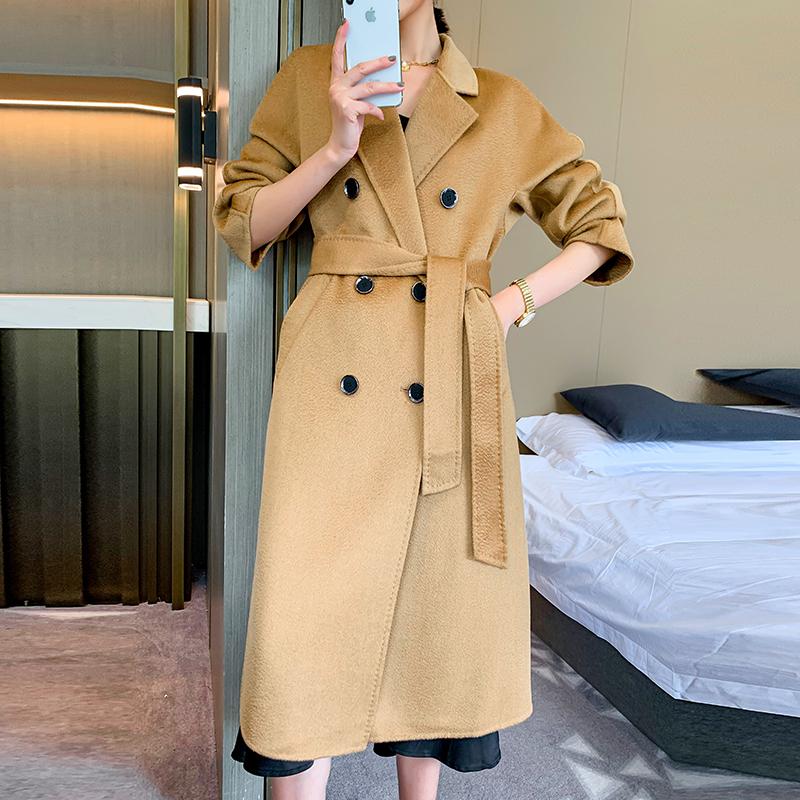 

Tang Jing the same coat water ripple double cashmere coat in the long Max family camel-colored double-row buckled, Beige