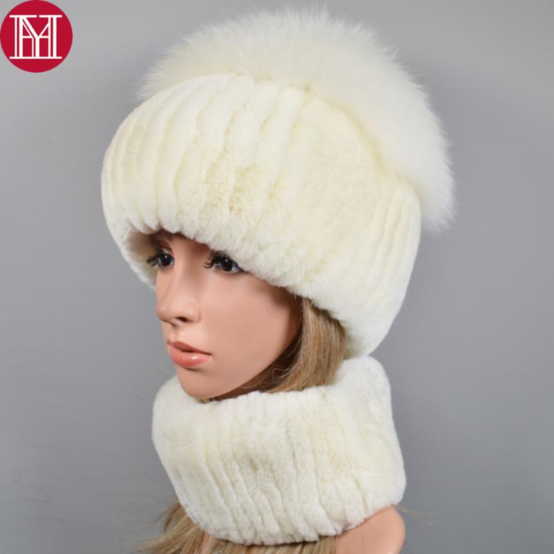 

Winter Women Real Rex Rabbir Fur Hat Scarf 2 Pieces Set Warm Good Elastic Real Fur Cap Headband Genuine Ring Scarves Hat