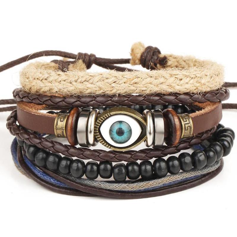 

Vintage Fish Eyes Multi-layer Charms Bracelets for Men Male Beaded Adjustable Leather Rope Chain Handmade Woven Bracelet Jewelry