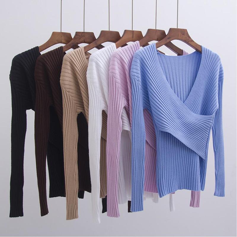 

Sweater 2020 New Sexy V-neck Long Sleeve Women Sweater Solid Sueter Mujer Loose Casual Sweaters Korean Female Pullovers hot sale, Pink
