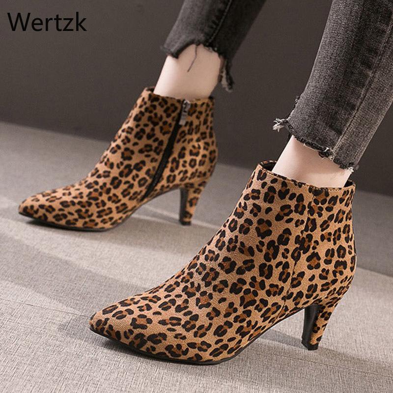 

Women Leopard Zip Spike High Heels Pointed Toe Ankle Boots Ladies Flock Fashion Short Boots Female Short Plush Casual Shoes B037, Black