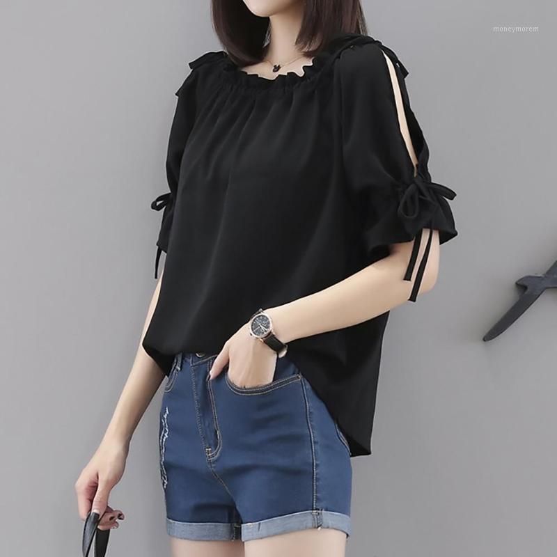 

Women Half Sleeve Hollow Out Cold Shoulder Drawstring Loose T-shirt Blouse Top Women Fashion Natural Short Basic Shirt1, Black
