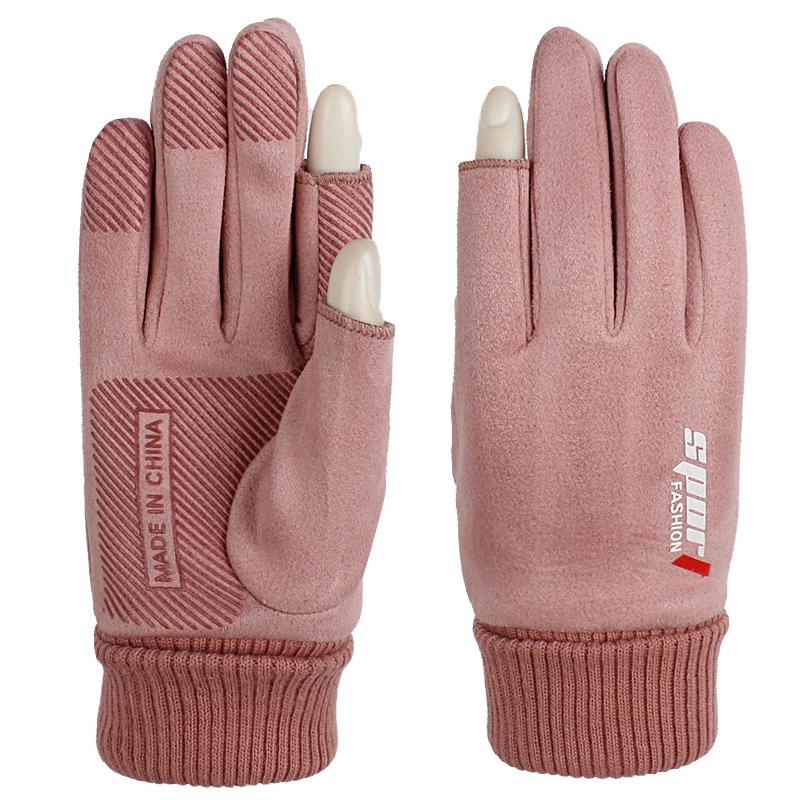 

Five Fingers Gloves Leaky Two-Finger Women Autumn And Winter Plus Velvet Warmth Suede Riding Mountaineering Windproof Non-Slip Sports