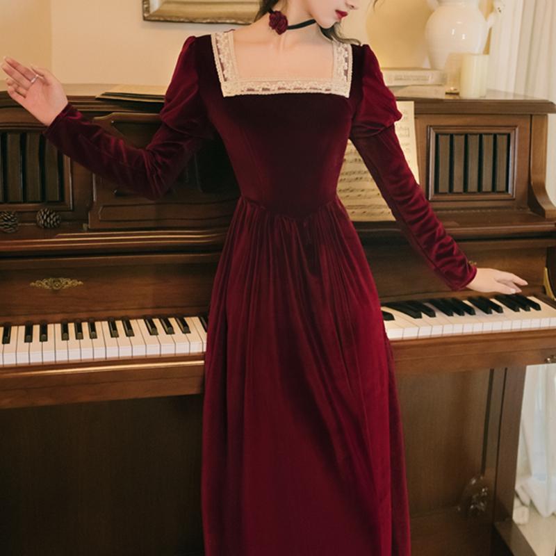 

Wavsiyier Vintage Dresses Women Autumn Elegant Velvet Dress Boho Patchwork Winter A-line 2020 Party Long Sleeve Runway Luxury, Burgundy