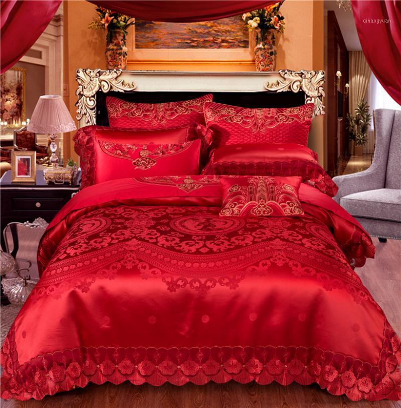 

Luxury Red Wedding Bedding set Queen King Bed set Satin Egyptian Cotton Duvet cover Bed sheet spread linge de lit funda cama1