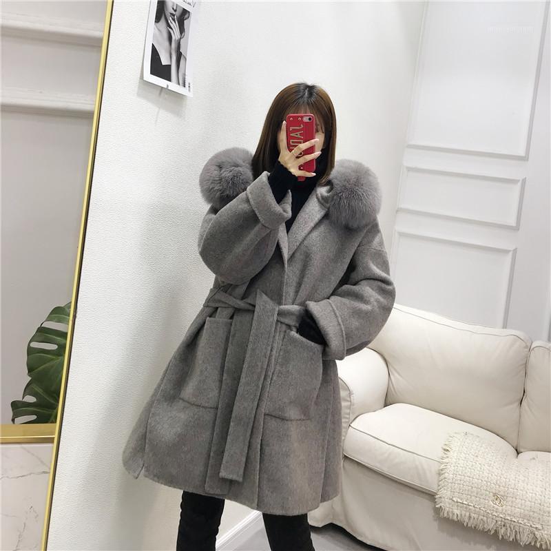 

2020 Real Fur Coat Winter Jacket Women Natural Fur Collar Hood Thick Warm Cashmere Wool Woolen Streetwear Casual Outerwear1, Khaki