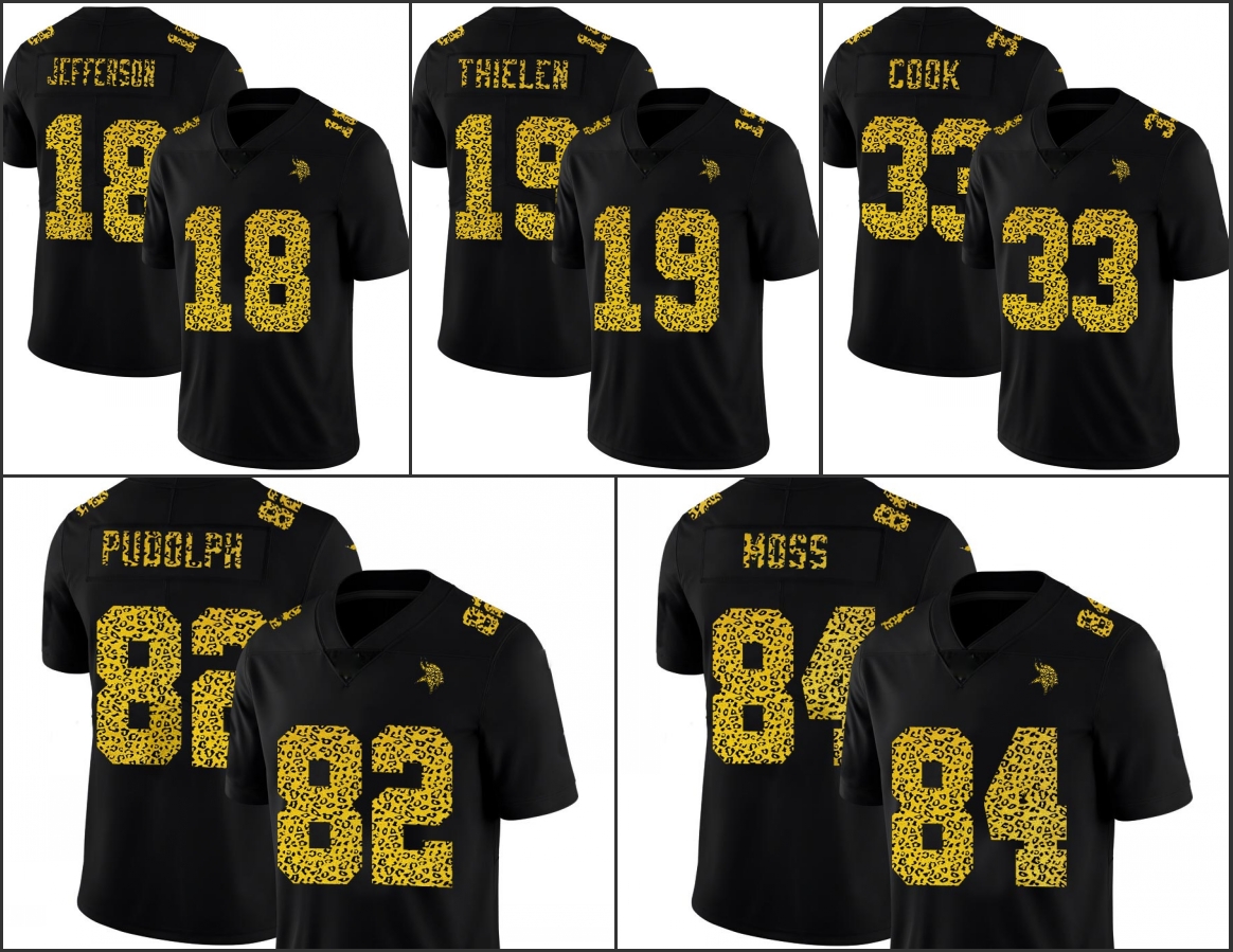 

MinnesotaVikingsMen #18 Justin Jefferson 19 Adam Thielen 33 Dalvin Cook 84 Randy Moss Leopard Print Fashion Women Youth Jersey, Black;red
