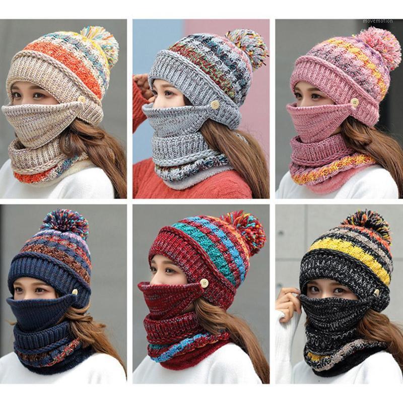 

3pcs/set Winter Cap Woman Pompon Knitted Hat Neck Mask Cap Mask Plush Neckwarmer Winter Women Warm Scarves Beanies Pom X6S31
