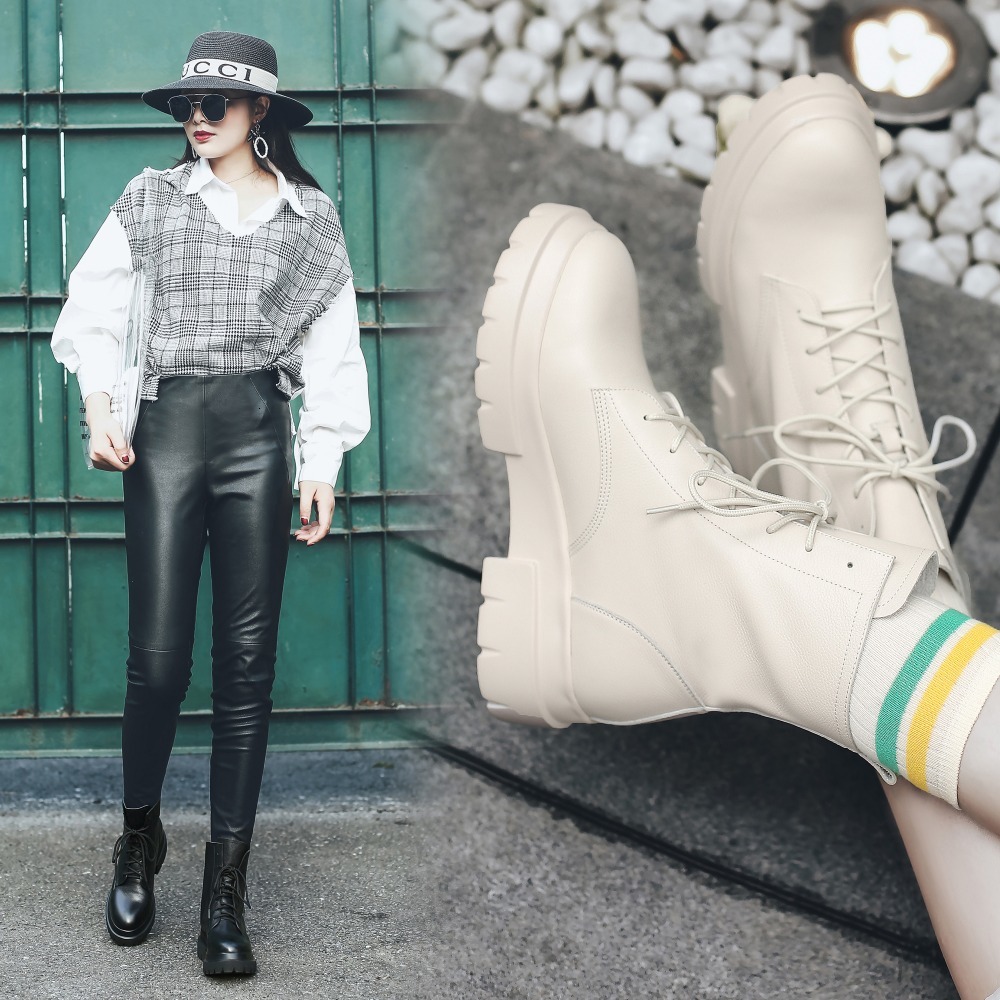 

2021 New Spring Women's Shoes Genuine Fashions Short Black 2-color Platform Boots YM0B, White-winter