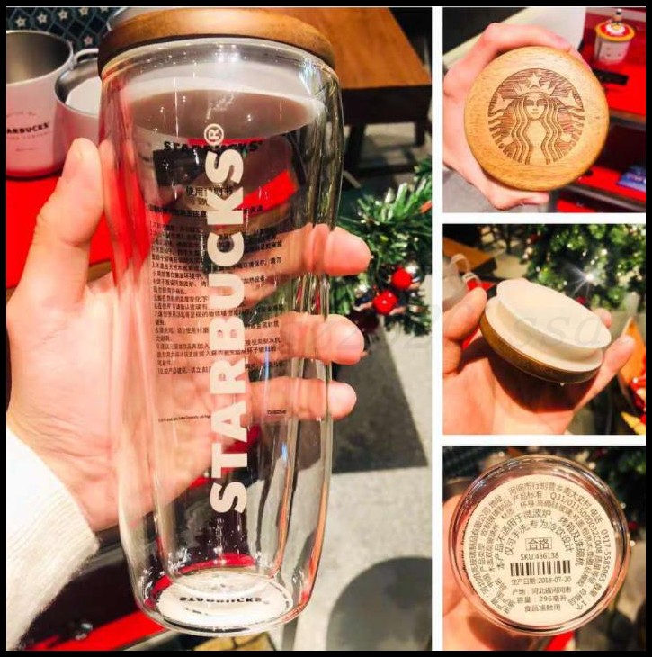 

|The latest 10OZ Starbucks glass coffee cup, Starbucks wooden lid style, Starbucks double-layer glass, free shipping, Write color after purchase