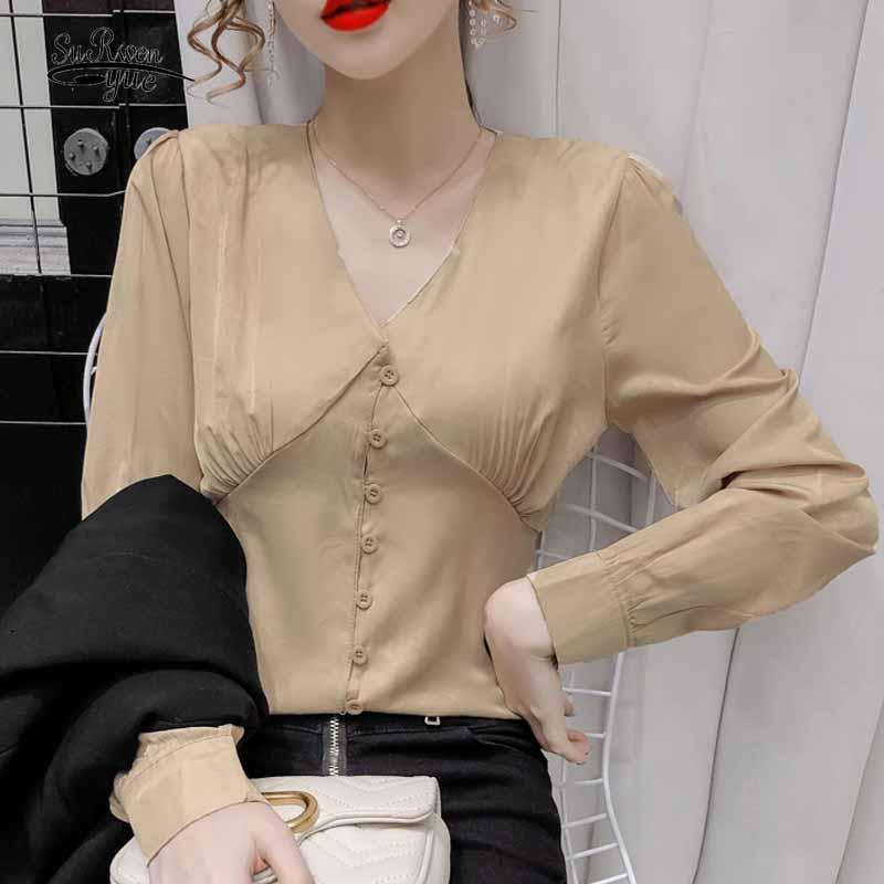 

V-neck Splicing Corset Slim Solid Buttons Shirts French Elegant Pleated Long Sleeve Satin Blouse Women Spring Waist Tops 12263, Blue