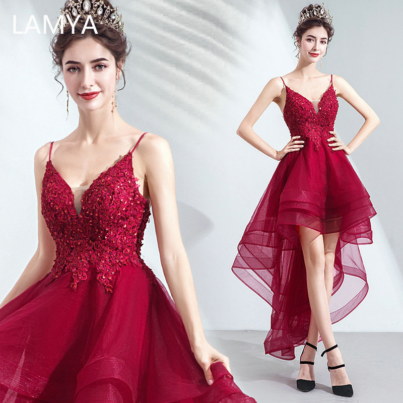 

Lamya Lace Appliques High Low Evening Party Dresses V Neck Spaghetti Strap vestido de festa Short Front Long Back Fromal Gown 201114, As pic