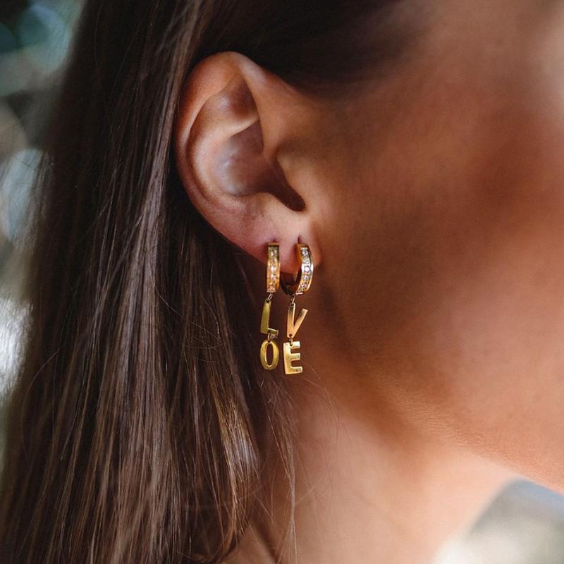 

New Creative Design Gift LOVE Letter Charm Rhinestone Filled Small Hoop Earrings Metal Gold Small Huggie Earrings For Women