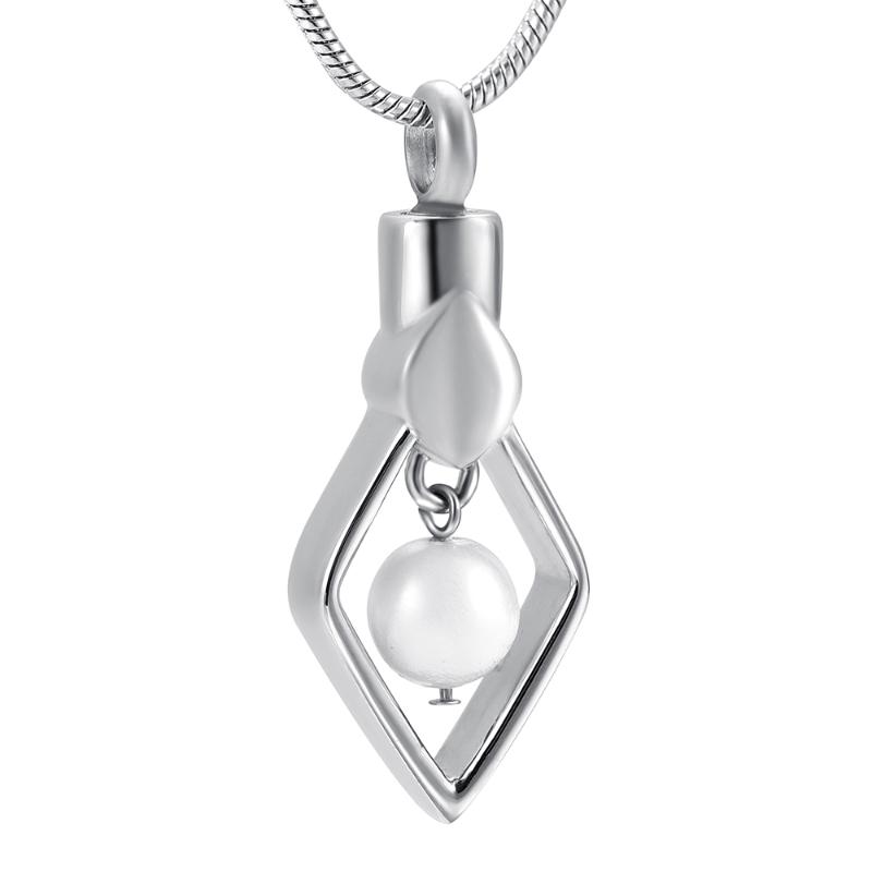 

Pendant Necklaces IJD9931 Rhombus Cremation Urn Necklace With Pearl Charm Stainless Steel Ashes Holder Keepsake Memorial Jewelry For Women, Silver