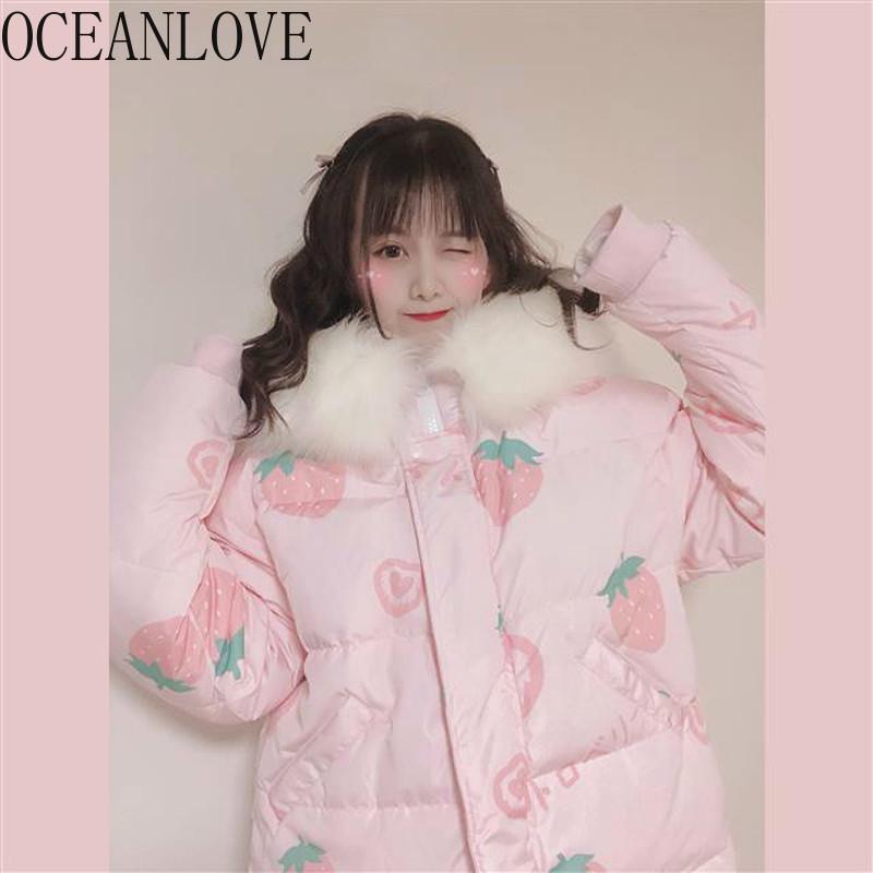 

OCEANLOVE Japan Style Women Parkas Kawaii Pink Cartoon Thick Warm Jackets Female 2020 Hooded Sweet Coat Fashion Outwear 18657