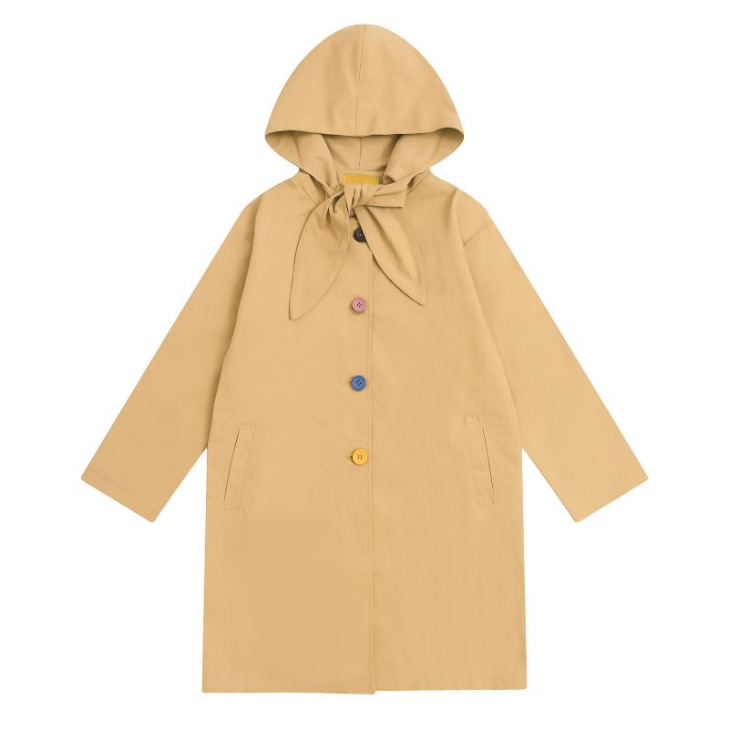 

Korean Fashion Autumn Winter Design Sweet Women Long Trench Coat Colorfull Buttons Femme Loose Long Hooded Outwear Bow Tie Khaki, Blue