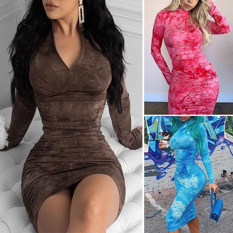 

Long Sleeve Tie-Dye Dress Women Bodycon Turtleneck Party Dress Bandage Slim Stretch Ladies, Blue