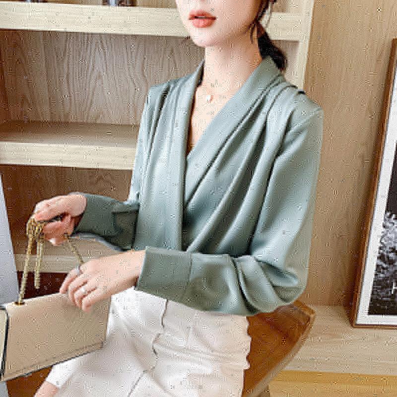 

2020 Spring sexy wrap blouses long sleeve vintage women satin blouse korean temperament ladies office work tops blusas mujer, Pink