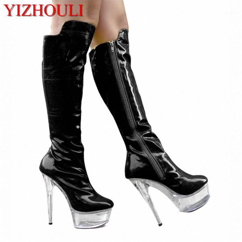 

Sexy woman and knee boots 6 inches 15 cm tall fashion spring and autumn boots, crystal platform sexy dancing shoes banquet boots1, Black