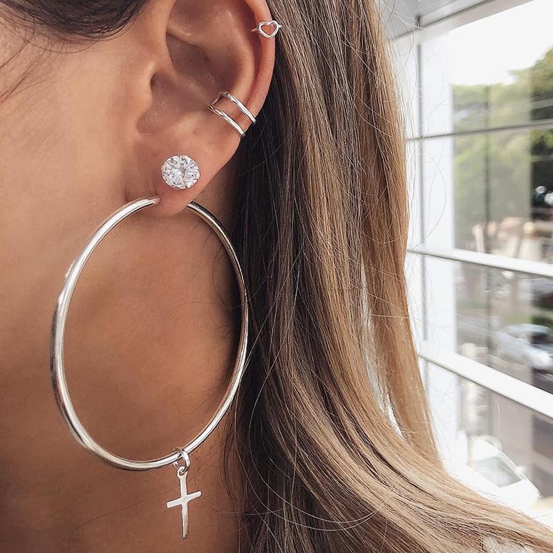 

2021Personality Super Big Circles Hoop Earrings For Women Fashion Gold Color Jewelry Trendy Retro Big Round Circle Star Earrings