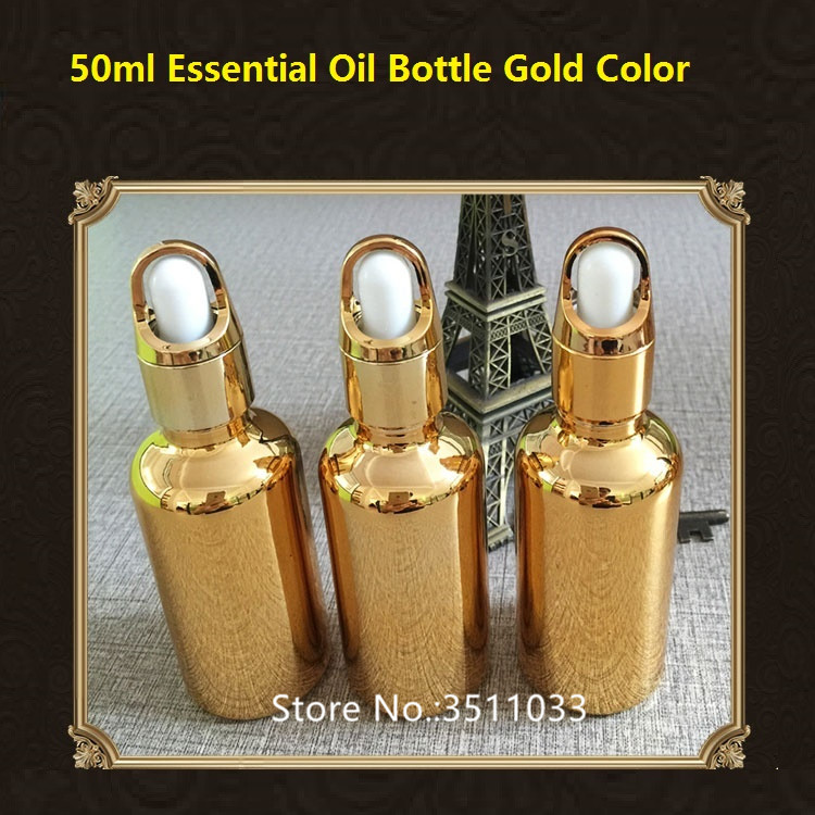 

Pack of 10 Pieces 50ML 100ML Gold Glass Essential oil Bottle With Pipette Dropper Basket Cap Style Golden Bottles