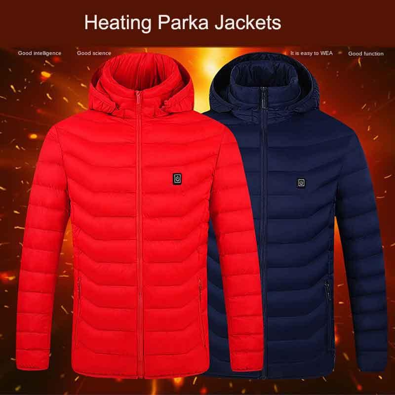 

USB Charging Outdoor Winter Jacket Men Heating Cotton-padded Parka Coat Mountaineering Skiing Hiking Cycling Hooded Sportswear, Red 2 zone heating