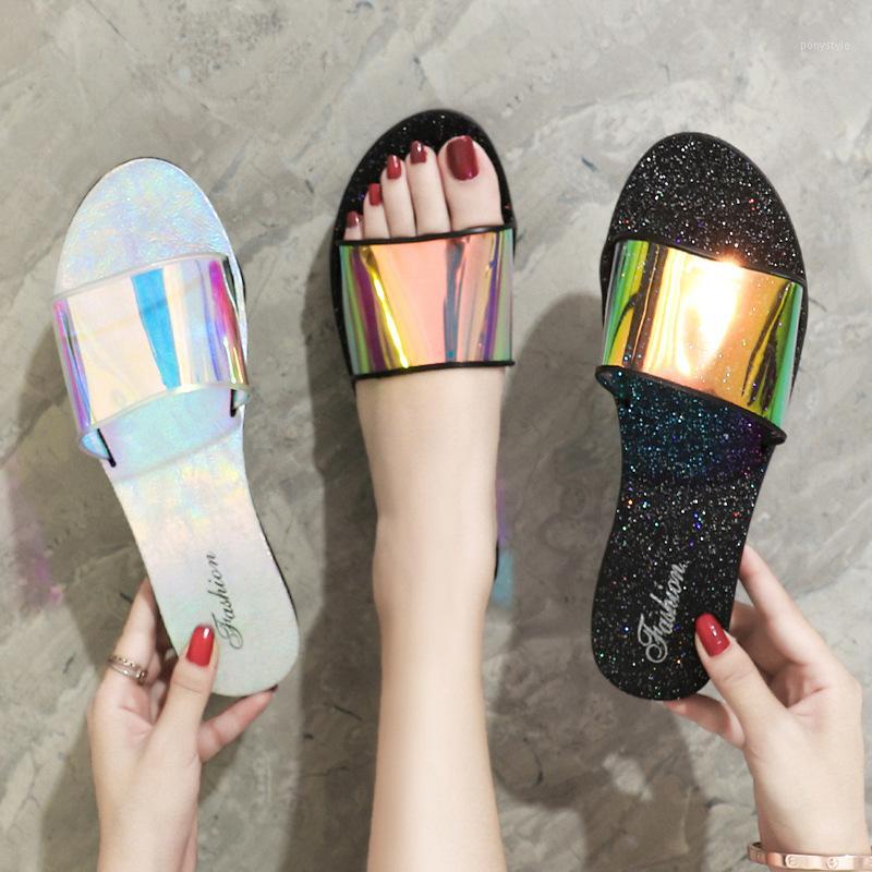 

Women's Platform Shoes Summer 2020 Women Fashion Outdoor Sandals Slippers Rainbow Laser Magic Color Flip-flops Flat Sandals1, Black