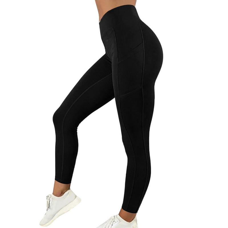 

Solid Running Pants High Waist Fitness Yoga Pants With Pocket Tights Women Yoga Sport Trousers Training Workout Leggings kg-73, Black