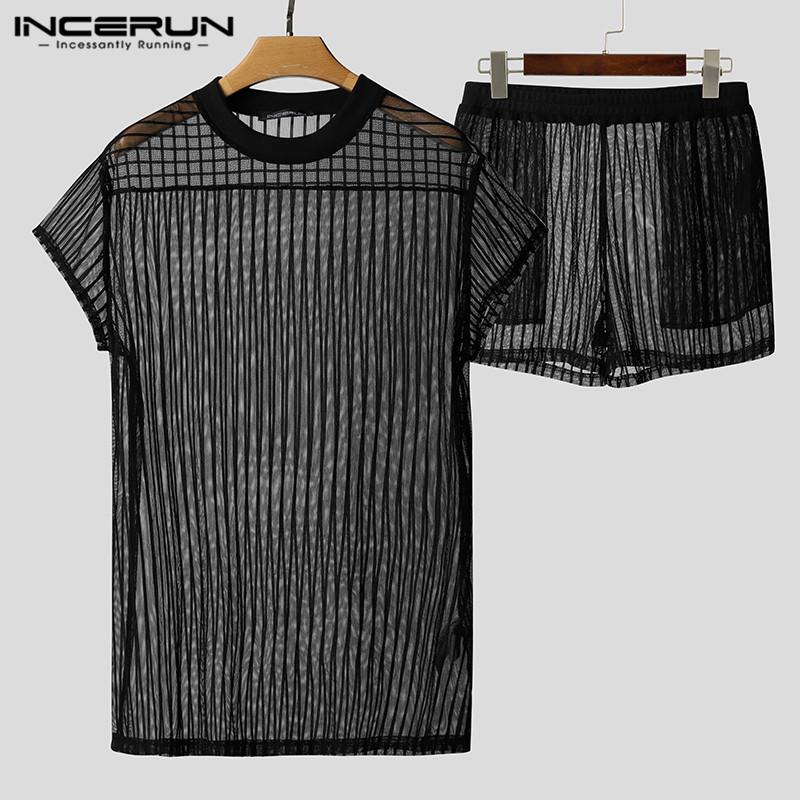 

2020 Fashion Men Mesh Sets Sexy Nightclub Short Sleeve Tops Elastic Shorts Sets Man Striped See Through Suits INCERUN Plus Size, Black