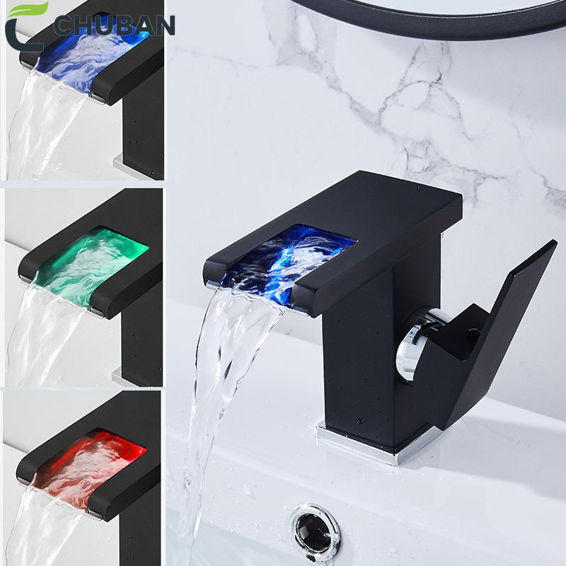 

CHUBAN Waterfall Glows LED Black Basin Faucet Bath Vanity Sink Tap Hot Cold Water LED Temperature Control Tap Single Handle C95