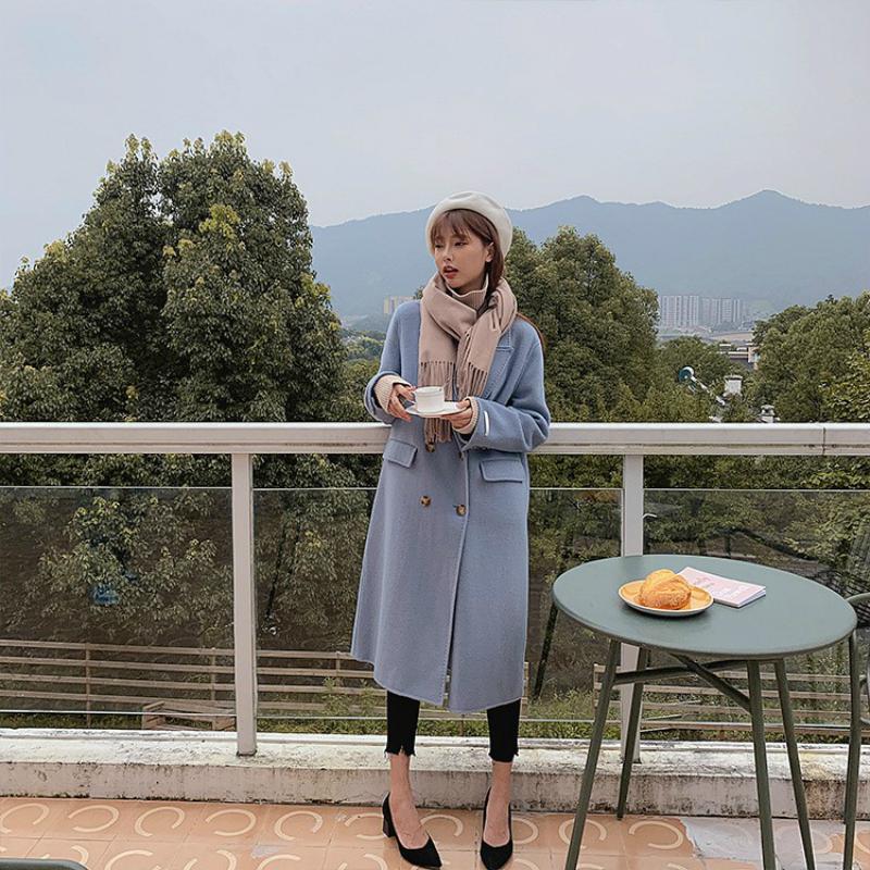 

Double Sided Cashmere Jacket Women 2020 Winter High End Lapel Double Breasted Loose Plus Size Handmade Long Wool Coat, Sky blue