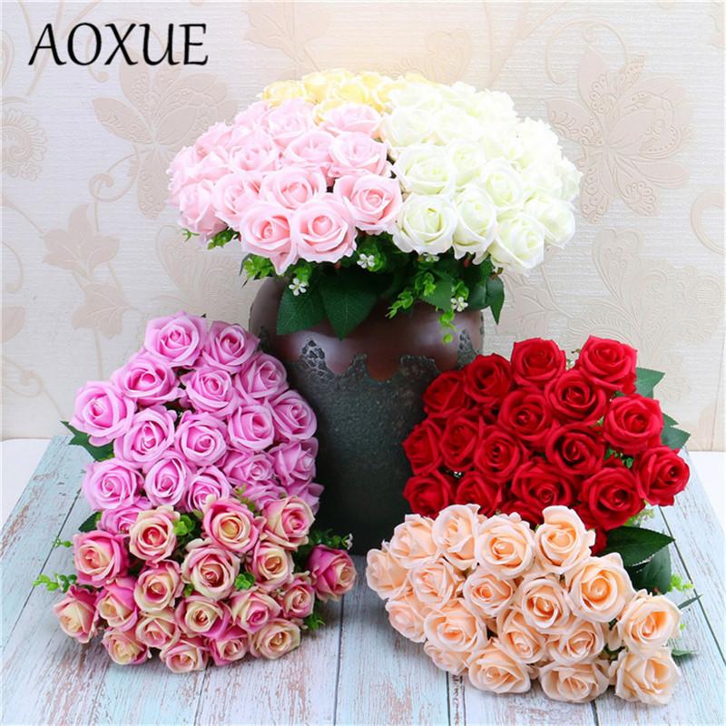 

AOXUE 18 heads rose bouquet wedding decoration artificial flower home placed bride holding flowers European and American style, Red