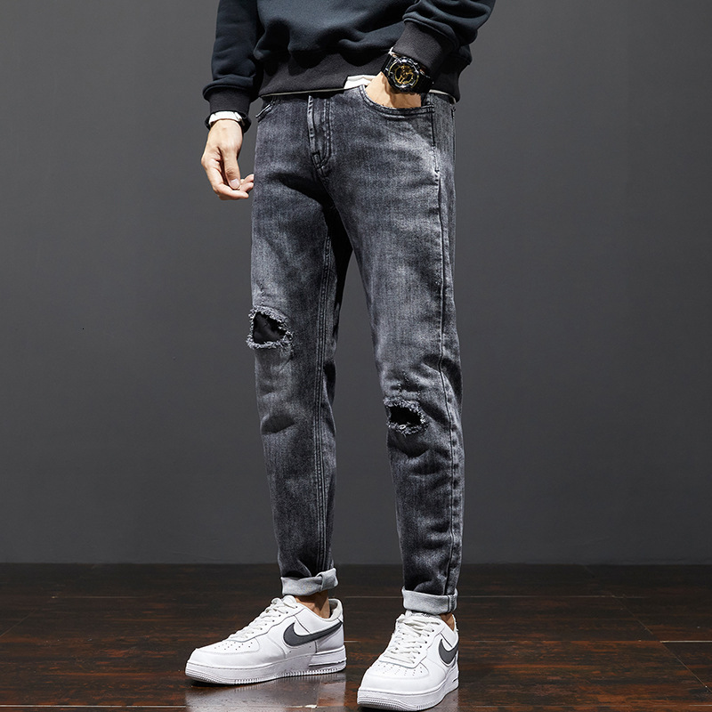 

2021 New Korean Style Fashion Men Jeans Vintage Elastic Slim Fit Retro Black Gray Ripped Denim Trousers Streetwear Designer Hip Hop Pants Ud