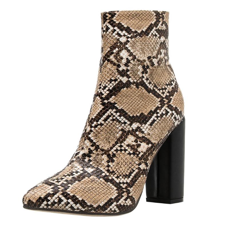 

SAGACE Shoes woman Zipper Boots Snake Print Ankle Boots Square high heels women Snake Print winter women 729, Bw