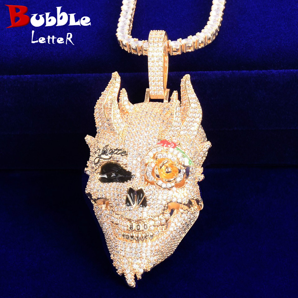 

2021 Newest Necklace for Men Skull with Rose Flower Eye Jewelry Material Copper Colorful Cubic Zircon Hip Hop Rock Street