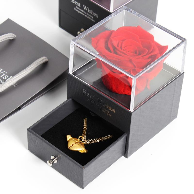 

New Preserved Real Rose Jewelry Box with Necklace Holder Immortal Flowers Forever Blossom Wedding Birthday Gift Set for Women, 00