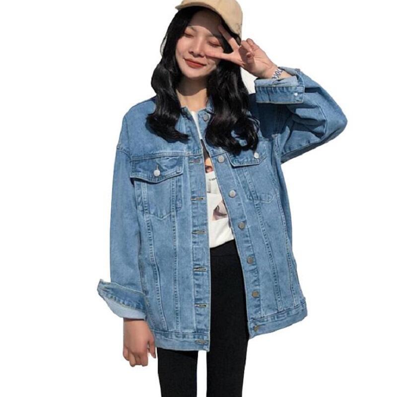

2020Solid Turn-down Collar Jean Jacket for Women Loose Casual Blue Denim Jacket Women Female Streetwear Outerwear Coats Feminine