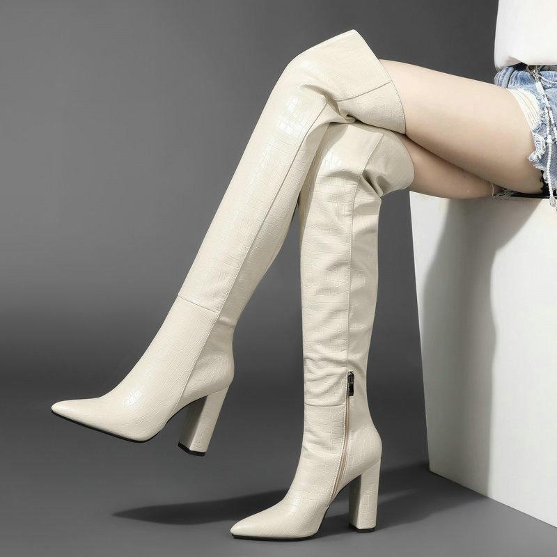 

2021 New Women Over The Knee Boots Fashion Zipper Square High Heel Thigh Boots Feamle Pointed Toe Autumn Winter, Beige