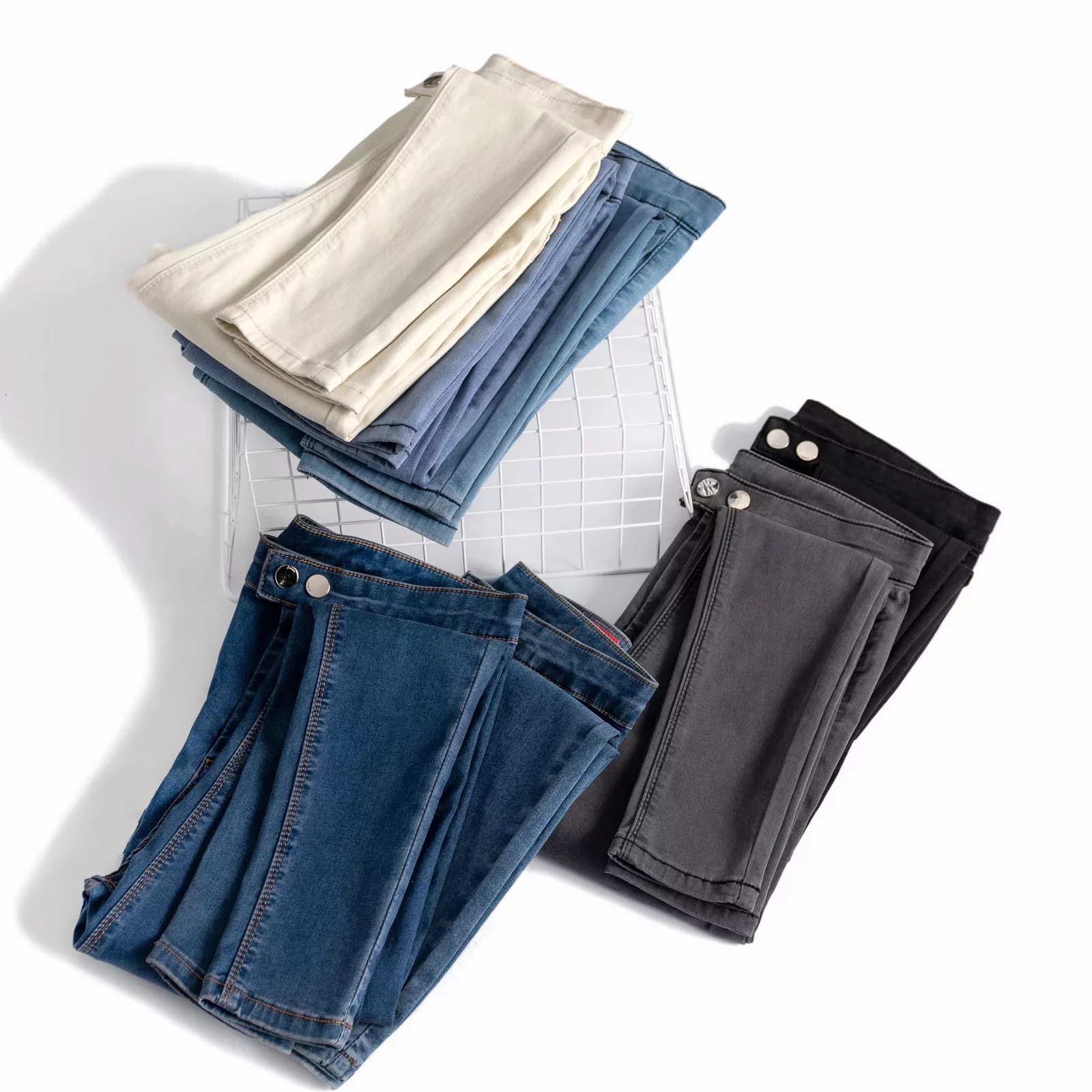 

2021 New Color Two Female Foot Fall Han Edition of Tall Waist Buckle Jeans Show Thin Pencil Pants, Cultivate Morality Pants Rul9, See chart