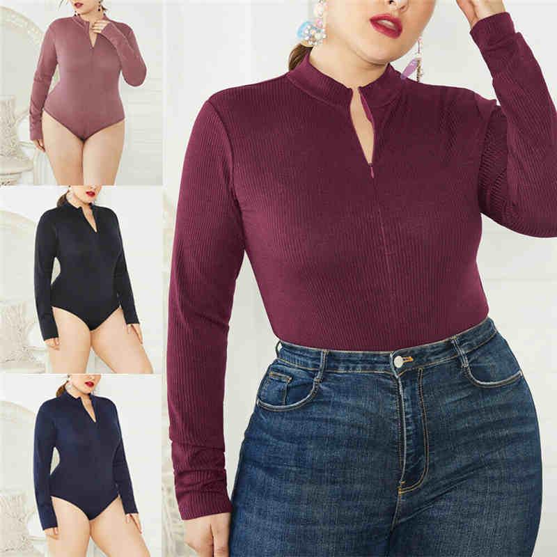 

Big Size Long sleeve women sexy knitted bodysuit 2020 autumn winter female V-neck warm clothes slim fit fashion solid bodysuit